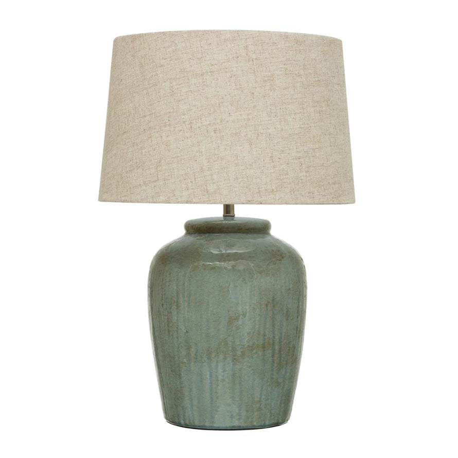 Green Stoneware Lamp with Linen Shade