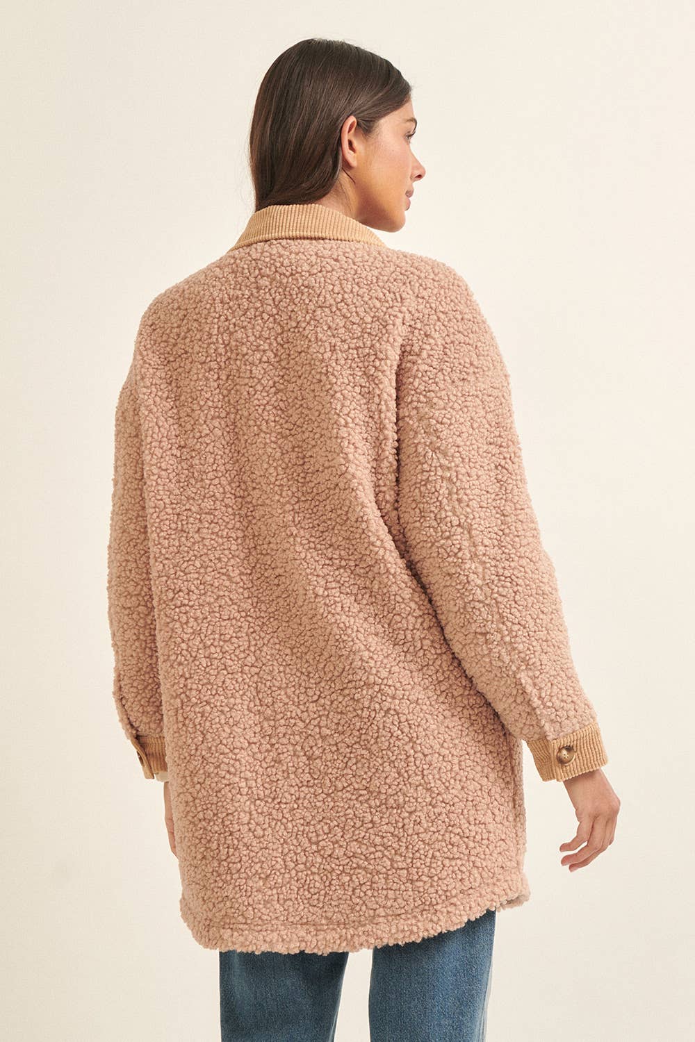 Fleece Corduroy Trim Chest Pockets Coat