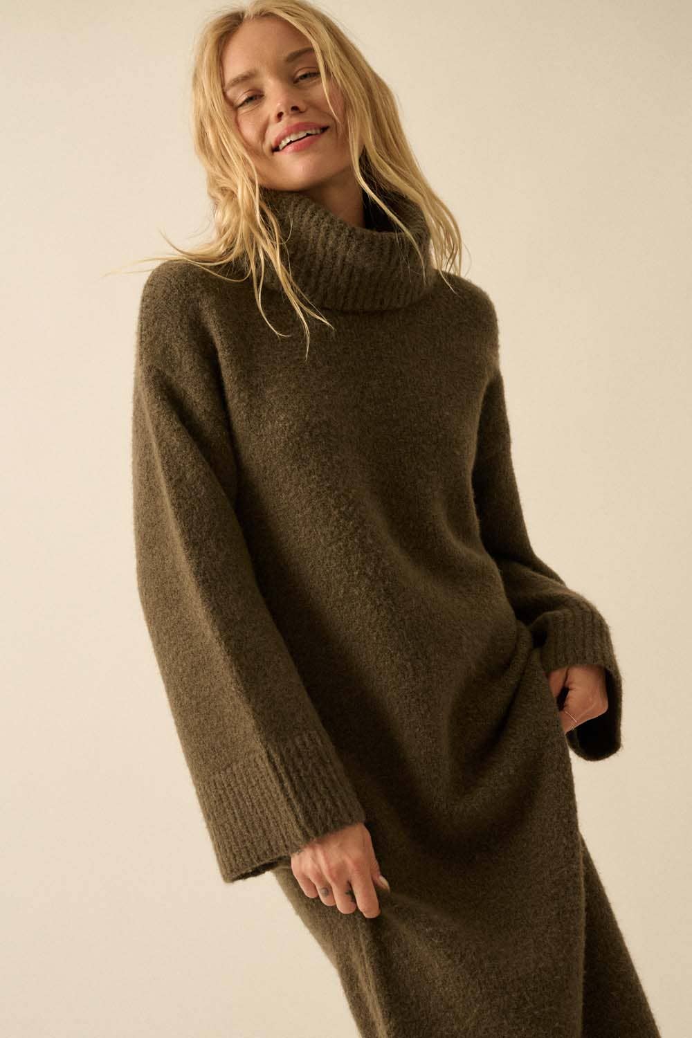 Solid Felted Knit Cowl-Neck Midi Sweater Dress