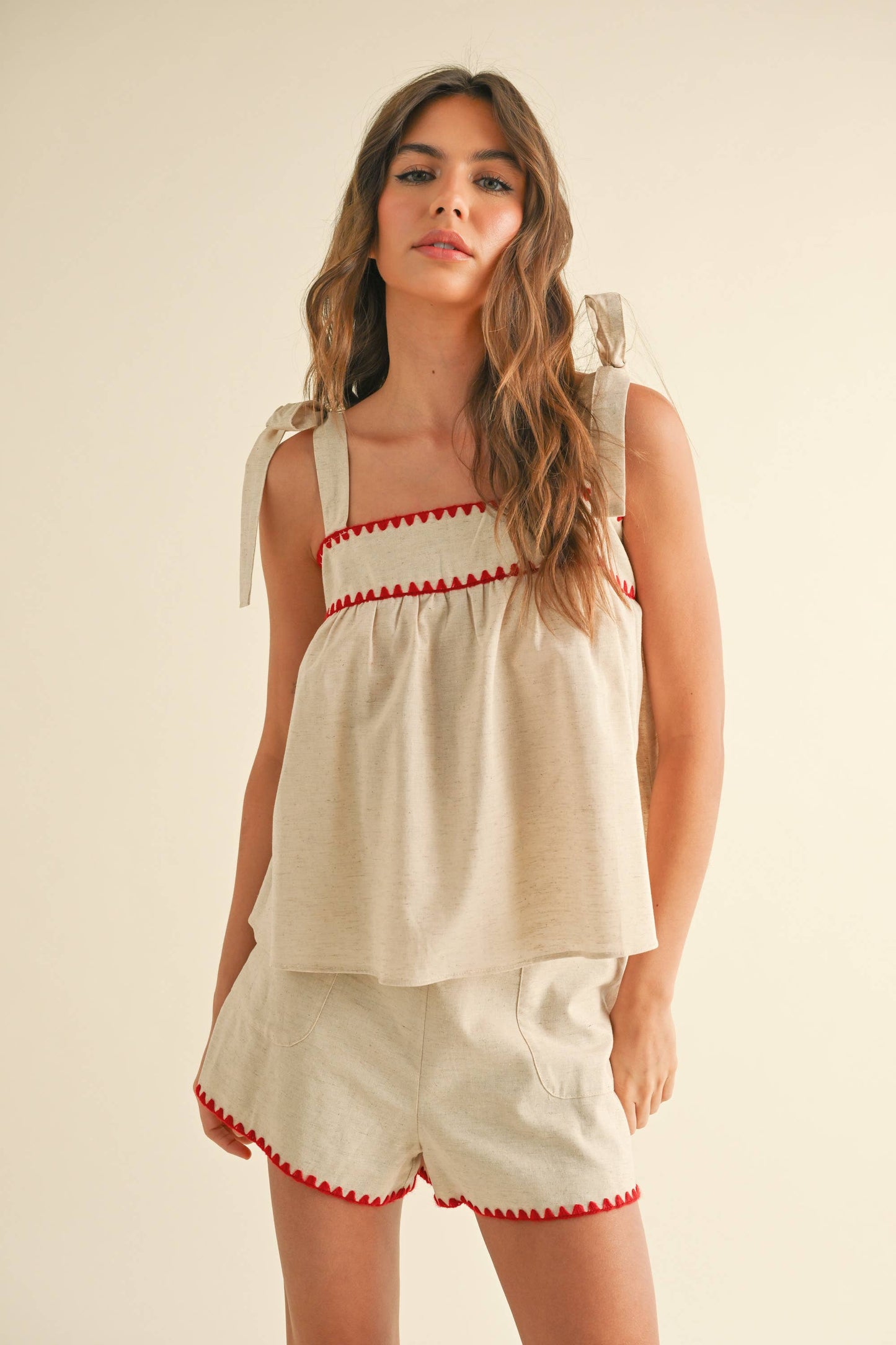 LINEN TAPE DETAILED TIE SLEEVE TOP