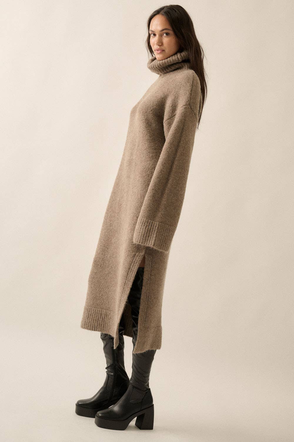 Solid Felted Knit Cowl-Neck Midi Sweater Dress