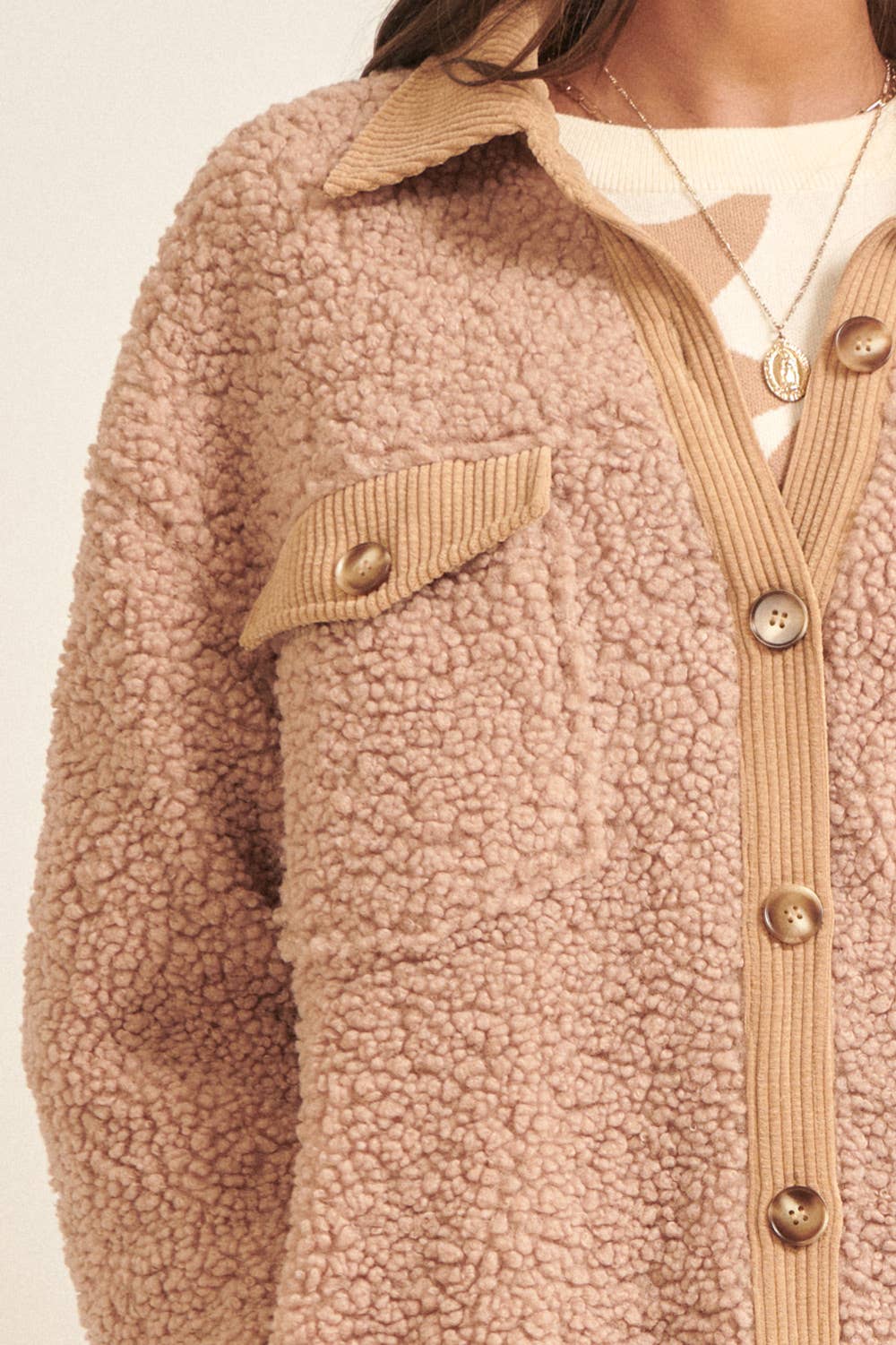 Fleece Corduroy Trim Chest Pockets Coat