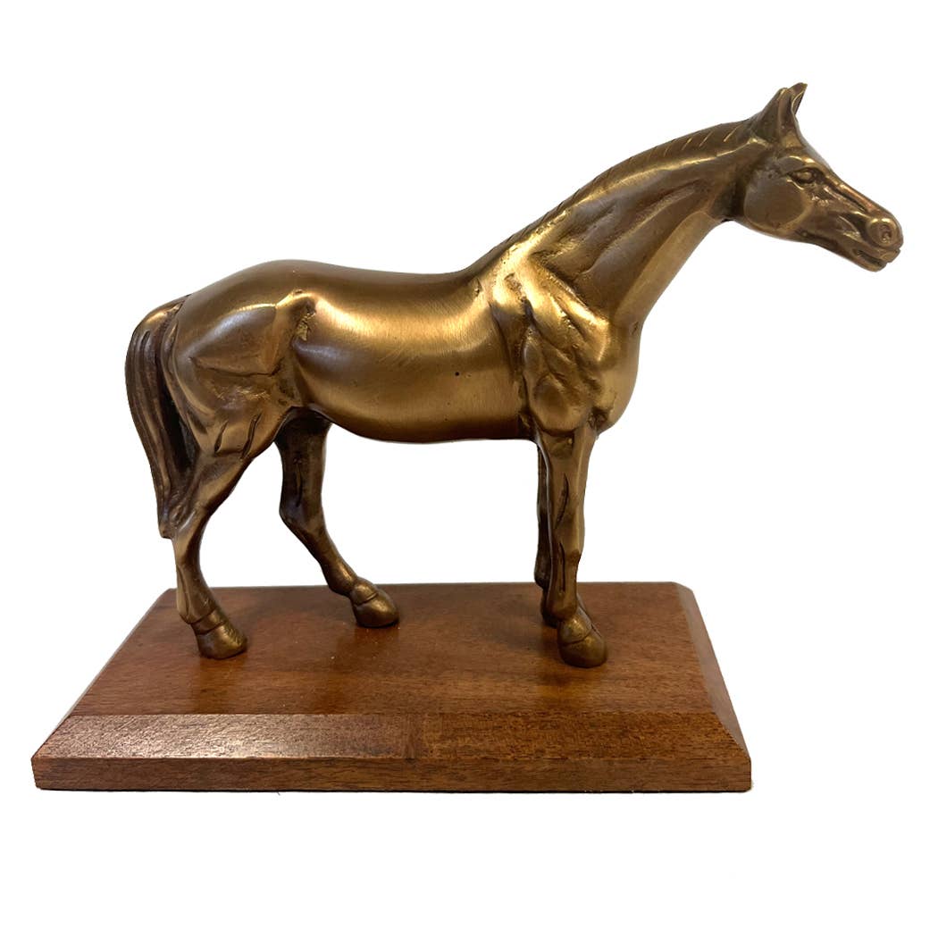 Antiqued Brass Horse on Wood Stand