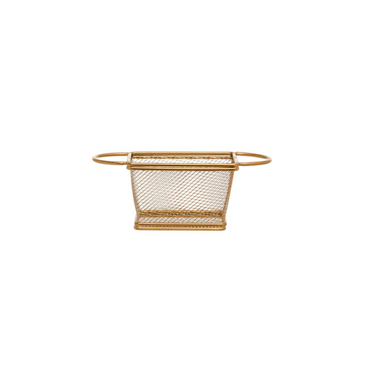 gold metal mesh basket with two handles