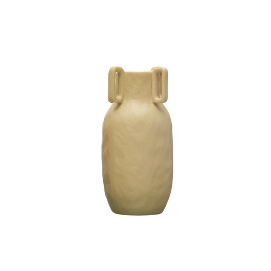 Cream stoneware vase with handles.