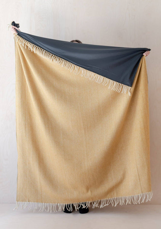 Mustard Herringbone Picnic Blanket & Leather Carrier